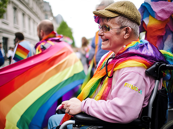 Image of a pride parade participant with a rainbow-colored scarf surrounded by pride flags.