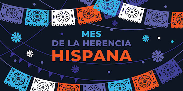 Hispanic heritage month vector web banner, poster, card for social media, networks. Greeting in Spanish Mes de la herencia hispana text, Papel Picado pattern, perforated paper on black background.