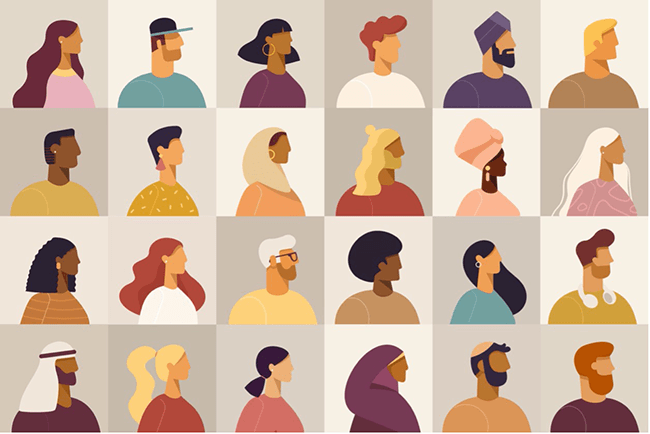 Illustrated collage of diverse profile portraits.