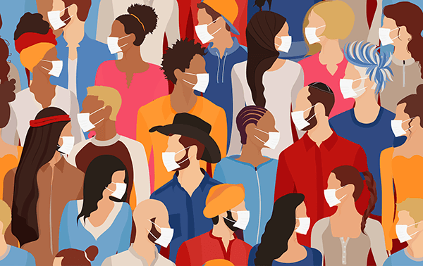 Illustration of diverse crowd of people in medical masks 