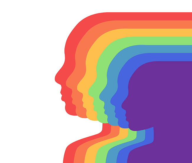 Silhouette of seven heads in every rainbow color.
