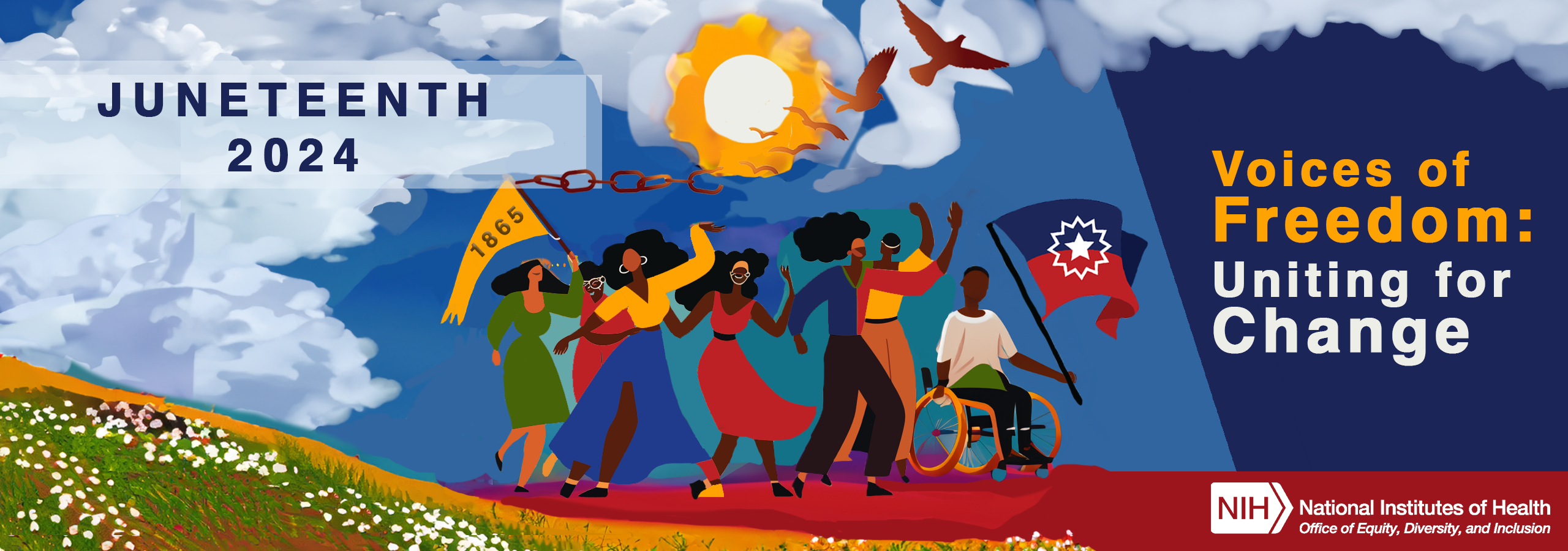 The 2024 Juneteenth artwork features the theme, Voices of Freedom: Uniting for Change, with seven black individuals raising their hands or waving banners underneath the sunlight and a bright sky emerging from a cloudy background. One banner features the date 1865. Attached to the banner is a chain that breaks into birds flying away to freedom.
