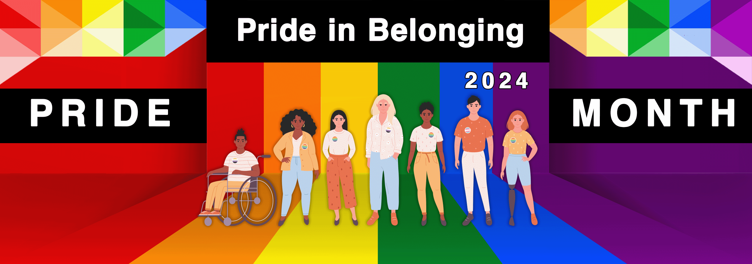 The 2024 Pride Month artwork features the theme, Pride in Belonging, with a diverse group of people standing in front of the original Pride flag created by Gilbert Baker.