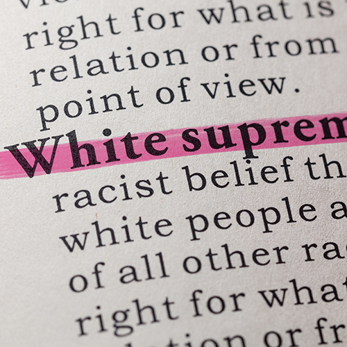 Close-up of printed text defining White Supremacy from a page in a book