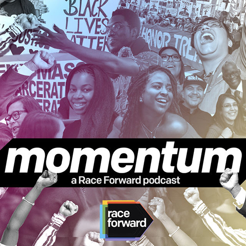  The word Momentum over a black and white collage of varying images of people