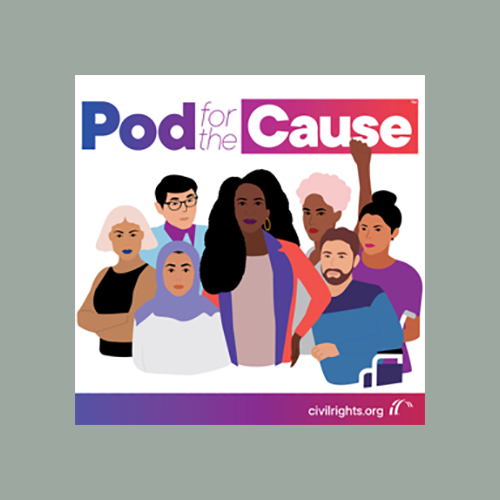 Purple lettering that reads Pod for the Cause over illustration of diverse people