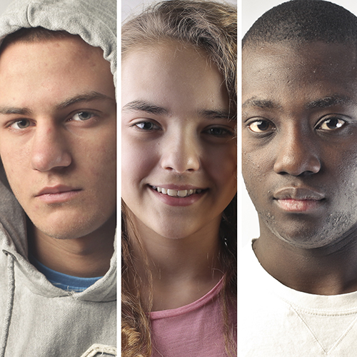 3 window photo collage of a young white male, young white female, and young black male
