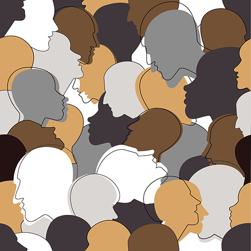 Graphic of varying shades of black, white, and brown facial profiles