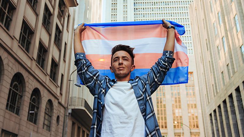 Image of a person holding the Transgender Pride flag above their head.