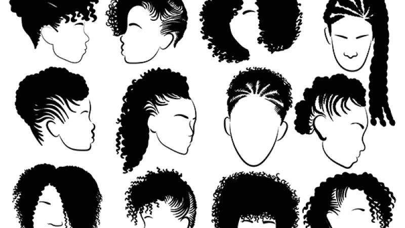 Illustration of many different hair styles worn by African American women.