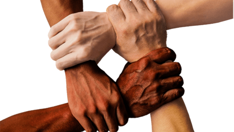 People of multiple races holding arms.