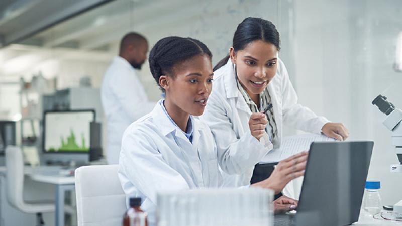 Two black scientists using a laptop in a laboratory.